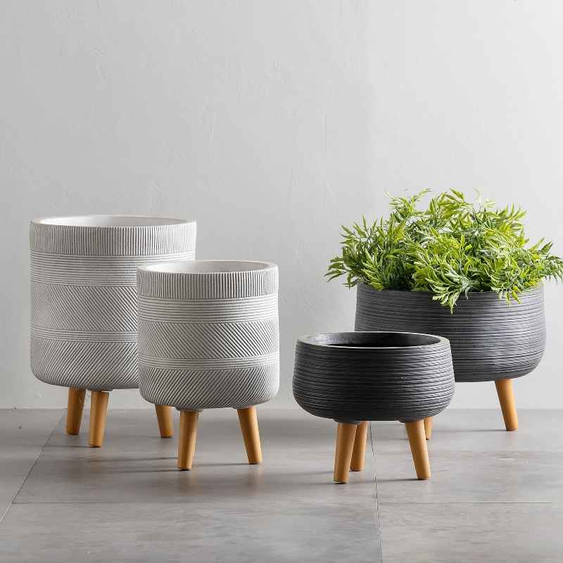 Footed Tall Stripe Fiber Clay Planters, Set of 2